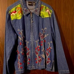 Custom western blue Jean jacket pink  swirls all over it horses on front / back